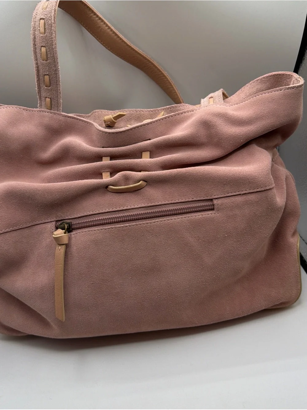 J Jill Suede Drawstring Shoulder Bag Taupe Pink Leather Trim Hobo Tote NWT